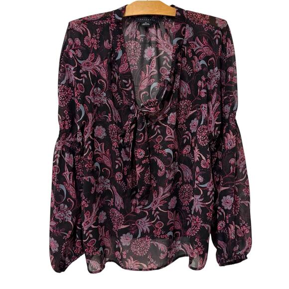 Sanctuary | Top Floral Long Sleeves Sheer Tie Neck Pink Black V Neck- Size XL - Picture 1 of 9
